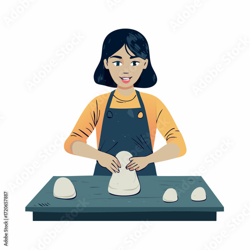 Smiling young woman shaping clay, pottery creation, crafting, artistic process.