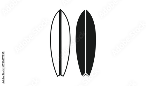 Two stylized surfboard outlines one white with black stripe one black silhouette