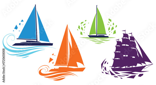 A collection of colorful sailboats and a majestic sailing ship on white background.