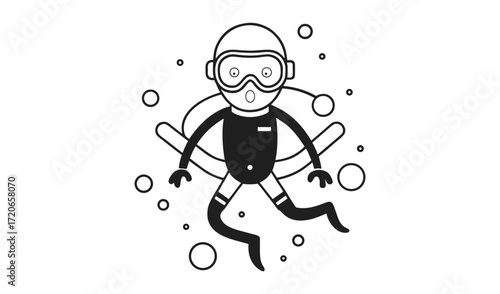 Cartoon diver with mask and snorkel floating underwater with bubbles