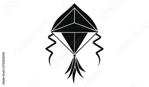 Black silhouette of a traditional diamond shaped kite with streamers