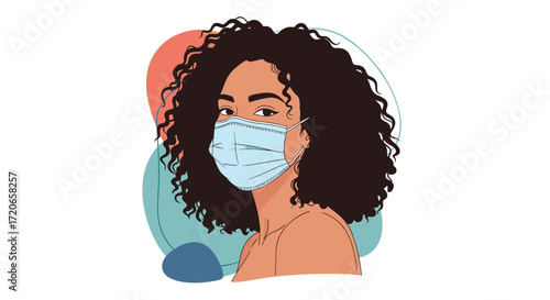 A woman with a face mask wears a light blue mask and has curly hair.