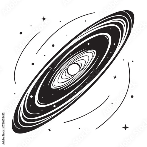 Stylized illustration of a galaxy isolated on white background, featuring swirling arms, a central bulge, and surrounding stars, representing the vastness and beauty of the cosmos