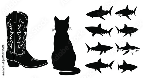 An illustrated collection featuring a cowboy boot a feline and several sharp-toothed sharks.