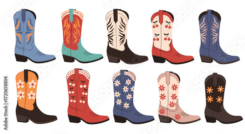 A collection of ten colorful cowboy boots with intricate western designs.