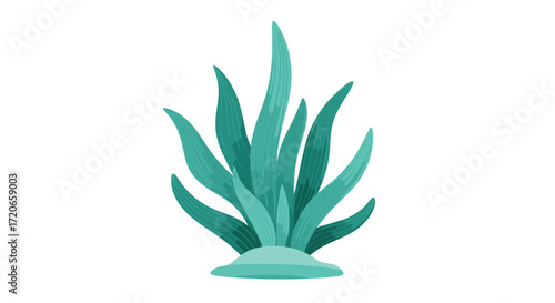 A clump of vibrant blue green seagrass growing from a sandy seabed.