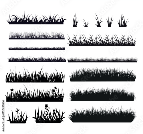 Vector set of green grass silhouettes isolated on white background.