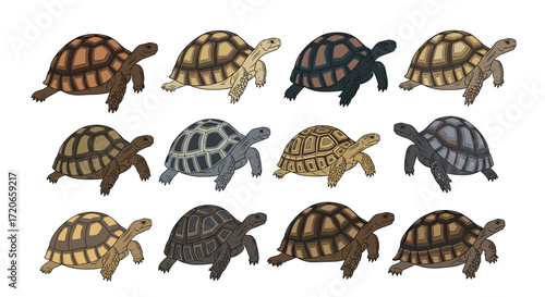 Diverse group of tortoises showcasing a variety of shell patterns and colors in a collection.