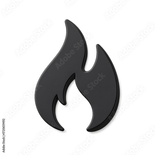 A sleek black flame icon with a subtle 3D effect, symbolizing fire, heat, or passion, isolated on a clean white background.