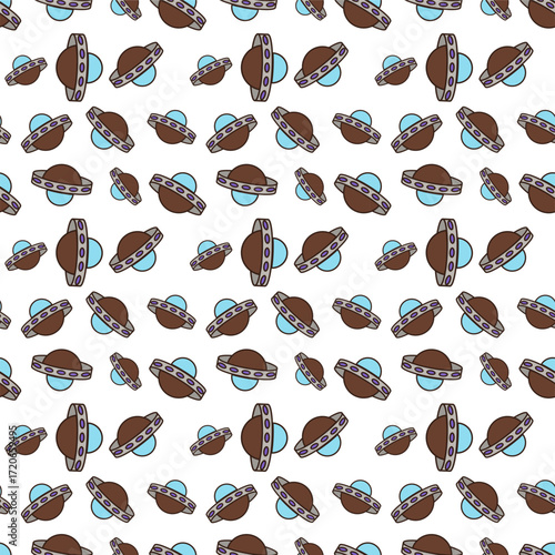 Pattern with doodle style of cartoon-style brown flying saucer with a grey rim adorned with purple circles and a light blue dome on top