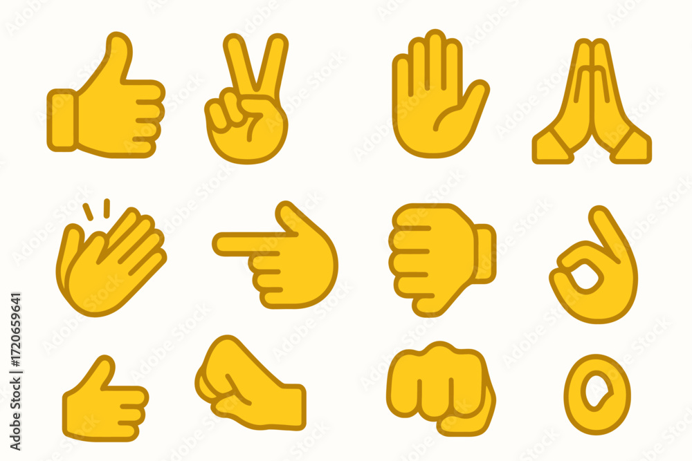 Fototapeta premium Collection of Yellow Hand Gesture Icons Showing Various Expressions and Actions