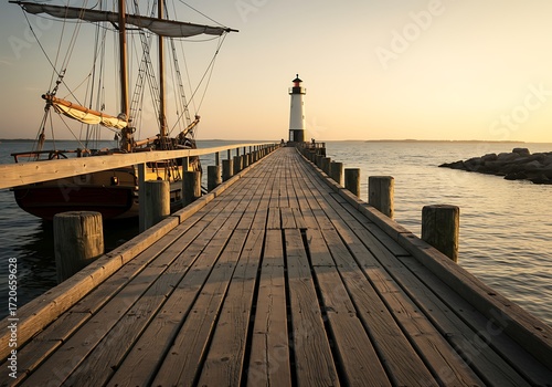 Wooden pier leading to lighthouse and sailing ship