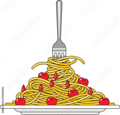 Delicious spaghetti pasta dish with tomatoes and fresh basil on a plate with a fork top view vector