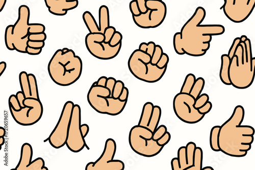 Cartoon Hand Gestures Pattern with Thumbs Up Peace Sign Clapping and Praying Illustration