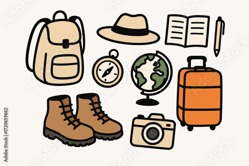Travel Hiking Backpack Shoes Hat Globe Camera Medical Kit Notebook Pen Stopwatch Luggage