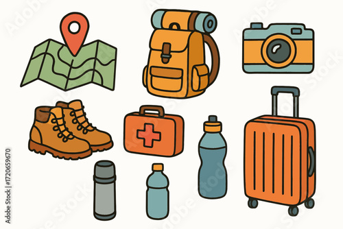 Travel Hiking Backpack Shoes Hat Globe Camera Medical Kit Notebook Pen Stopwatch Luggage