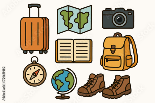 Travel Equipment Set Including Backpack Hat Notebook Camera Shoes Globe Luggage and Pen