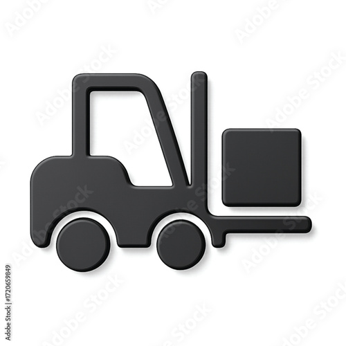 A dark gray icon of a forklift carrying a box.