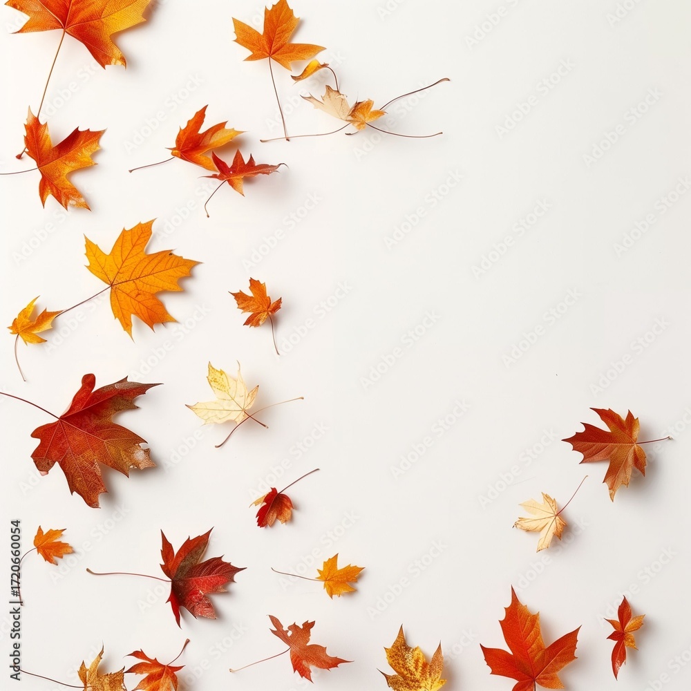 Fototapeta premium Minimalist autumn background with scattered maple leaves on white backdrop, clean mockup space.