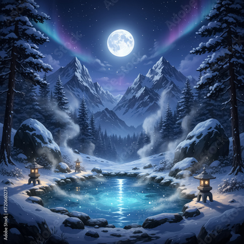 Hidden Mountain Hot Spring Under Winter Moon – Anime Style Steamy Retreat