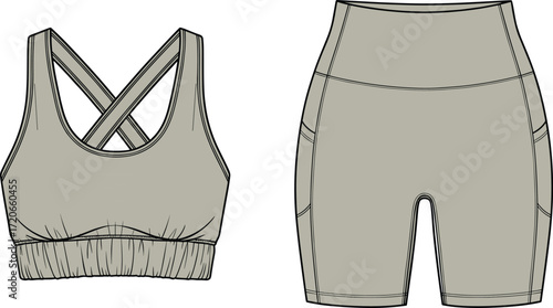 Fashion flat technical sketch of a sports bra and bike shorts with side pockets, athleisure clothing design, vector illustration, CAD drawing.