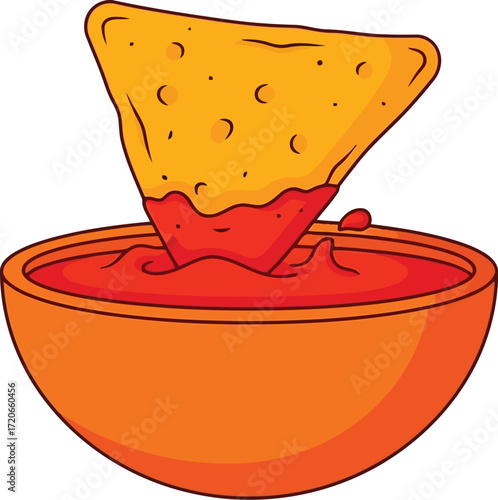 Crispy tortilla chip dipping into vibrant red salsa sauce in an orange bowl ready for snacking fun vector