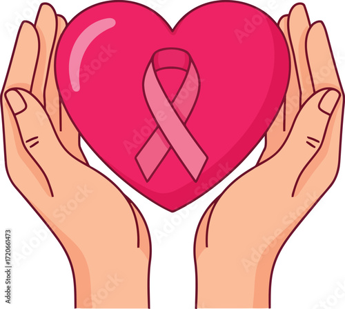 Hands gently hold pink heart with breast cancer awareness ribbon support hope concept vector