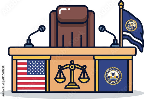 American justice court judge bench with scales of justice and flags legal system concept vector