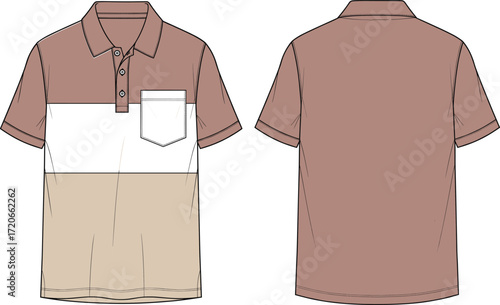 Fashion flat technical sketch of a men's polo shirt with color-block design and chest pocket, casual apparel, vector illustration, CAD drawing.