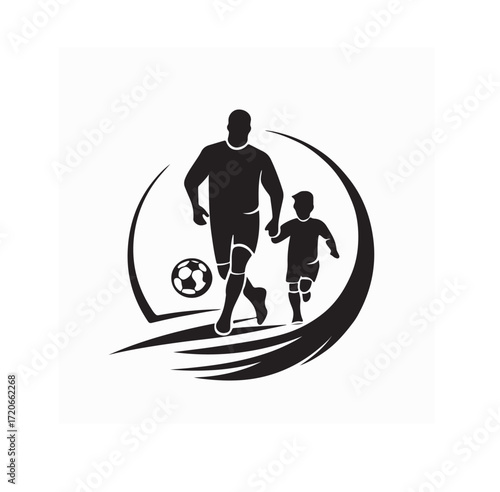 Happy Father and Son Playing Soccer Silhouette Vector on white background