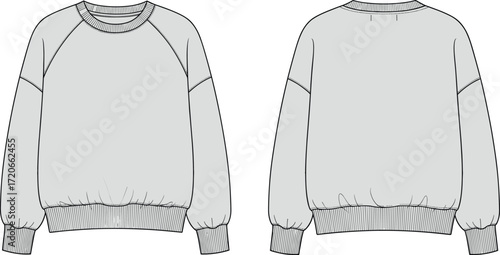 Fashion flat technical sketch of an oversized raglan sweatshirt with ribbed cuffs and hem, loungewear design, vector illustration, CAD drawing.