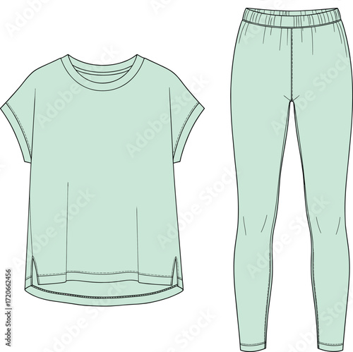 Fashion flat technical sketch of a t-shirt and leggings set with a relaxed fit, loungewear apparel design, vector illustration, CAD drawing.