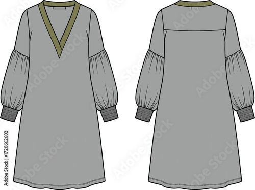 Woman's gray tunic dress with voluminous bishop sleeves and smocked cuffs, V-neckline, long-sleeved silhouette, elegant and casual style.