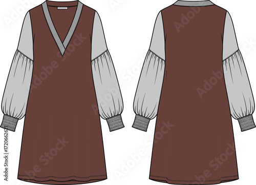 Woman's two-tone tunic dress with voluminous bishop sleeves and smocked cuffs, V-neckline, casual chic long-sleeved silhouette.