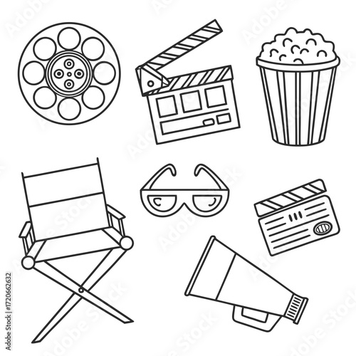 “Flat outline cinema icons — film reel, clapperboard, director’s chair, popcorn, 3D glasses, camera, spotlight, ticket, red carpet, projector — thin stroke vector.”