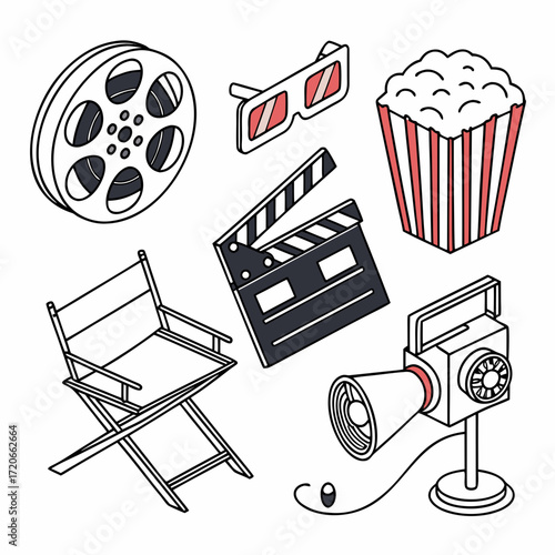 “Flat outline cinema icons — film reel, clapperboard, director’s chair, popcorn, 3D glasses, camera, spotlight, ticket, red carpet, projector — thin stroke vector.”