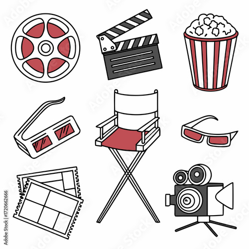 “Flat outline cinema icons — film reel, clapperboard, director’s chair, popcorn, 3D glasses, camera, spotlight, ticket, red carpet, projector — thin stroke vector.”