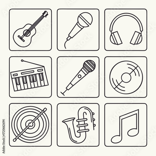 “Flat outline cinema icons — film reel, clapperboard, director’s chair, popcorn, 3D glasses, camera, spotlight, ticket, red carpet, projector — thin stroke vector.”