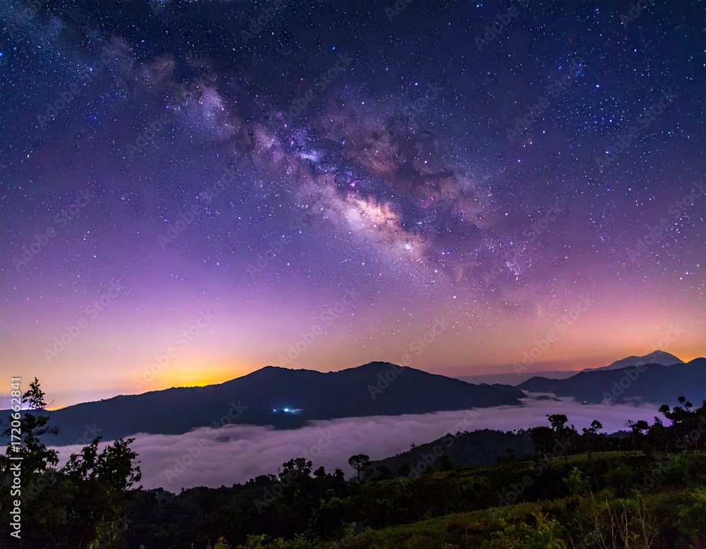 Fototapeta premium Majestic Milky Way Over Misty Mountainscape.