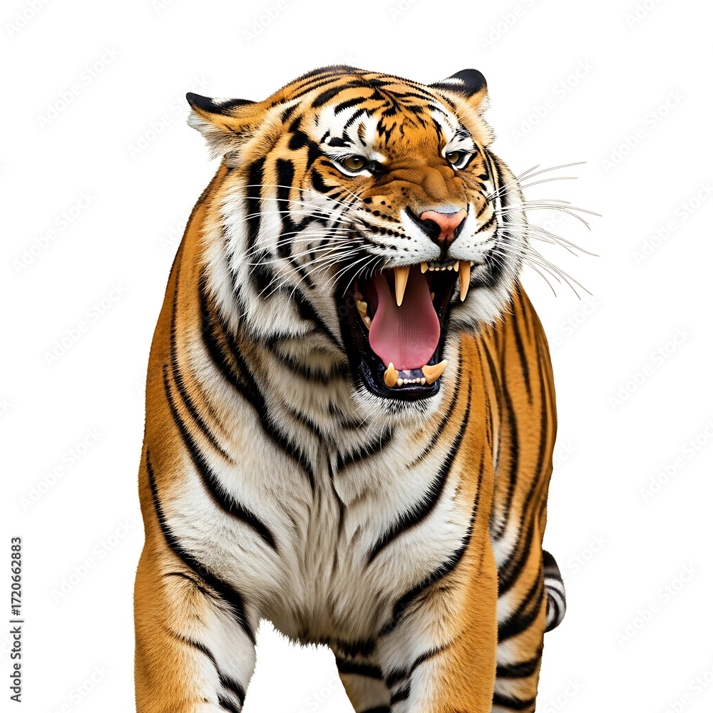 Obraz premium A fierce tiger, with its mouth agape, displays sharp teeth and a commanding presence against a plain white background.