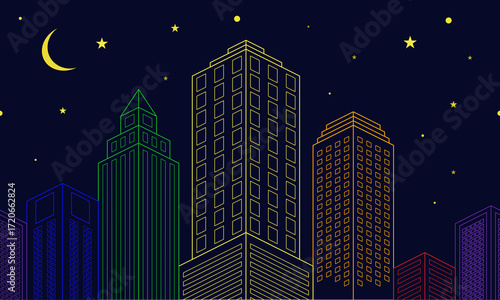 Colorful building on midnight blue sky background. Vector Illustration.