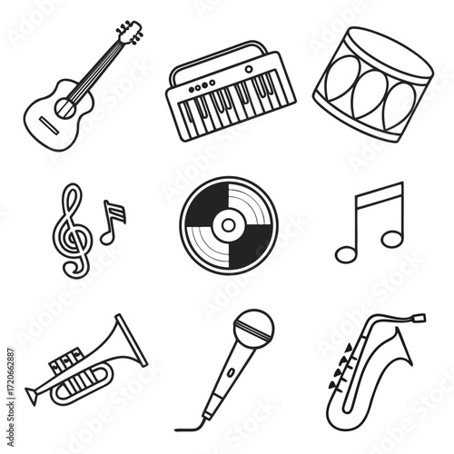 “Flat outline cinema icons — film reel, clapperboard, director’s chair, popcorn, 3D glasses, camera, spotlight, ticket, red carpet, projector — thin stroke vector.”