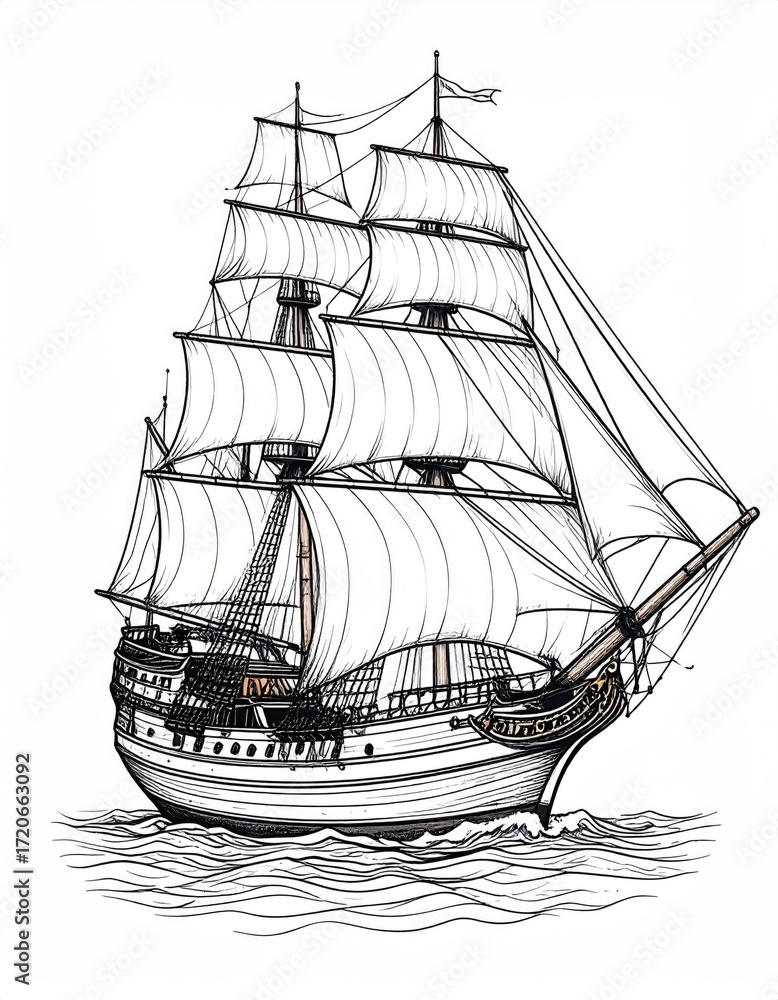 custom made wallpaper toronto digitalVintage sailing ship, detailed line art