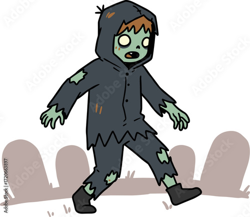 Zombie character walking in graveyard with tattered clothing in flat style