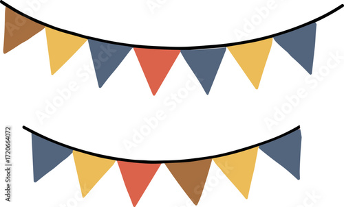 Colorful triangular bunting flags in flat style with outline on transparent background  