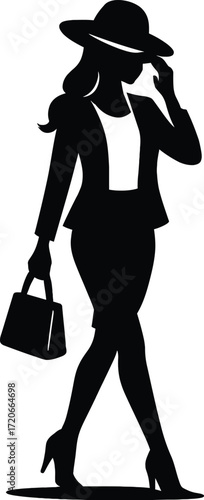 woman, silhouette, walking, hat, purse, fashionable, full length, monochrome, minimalist, simple, elegant
