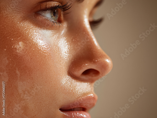 close up profile of woman face showcasing radiant skin with skincare cream applied, highlighting healthy glow and moisture. image captures essence of skincare and beauty routines
