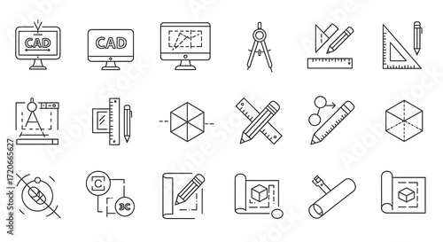 A comprehensive set of thin line icons for computer-aided design, engineering, architecture, and 3D modeling projects