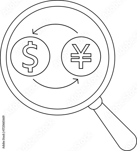 magnifying glass icon and icon to convert US dollar coins to Japanese yen coins