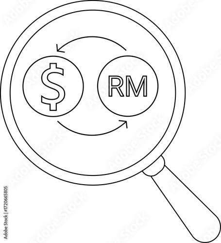 magnifying glass icon and icon to convert US dollar coins to Malaysian ringgit coins